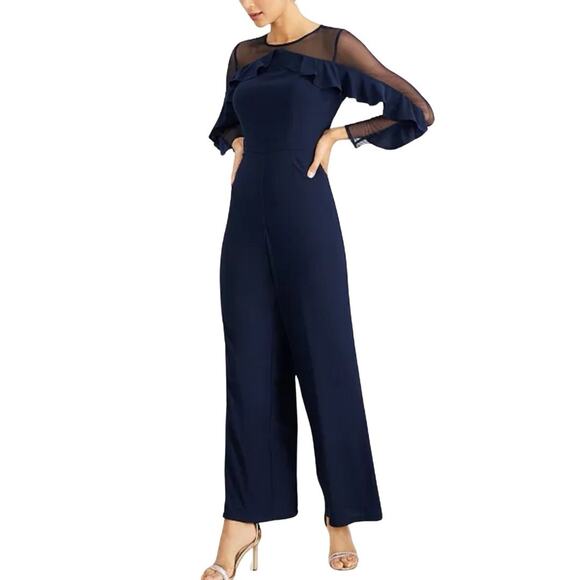 R&M Richards Ruffled Illusion Formal Jumpsuit Size 14P Petite Navy Mesh Sleeve - Picture 1 of 12